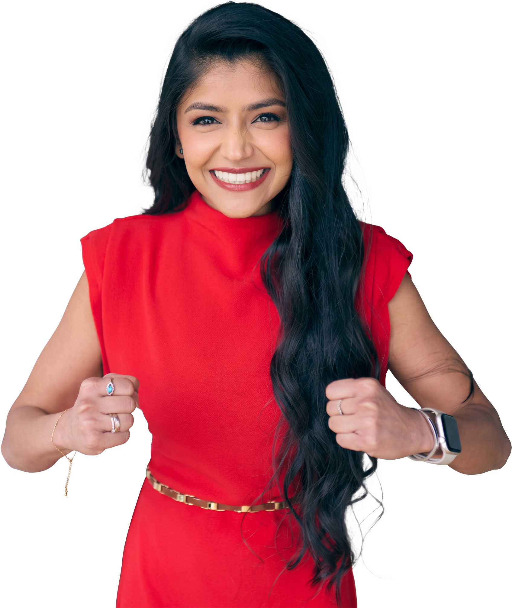 Aanchal Vash, City Council candidate for Ward 10 Spadina-Fort York, in a red campaign jacket